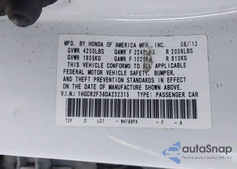 2013 Honda Accord Lx from USA, damaged, VIN 1HGCR2F38DA232315